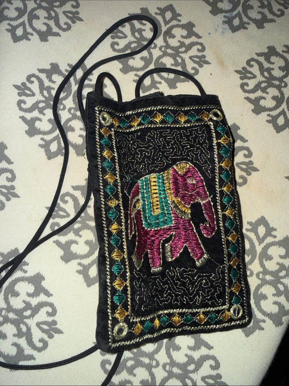 Hand-Embroidered Black Crossbody Bag with Pink Elephant Accent